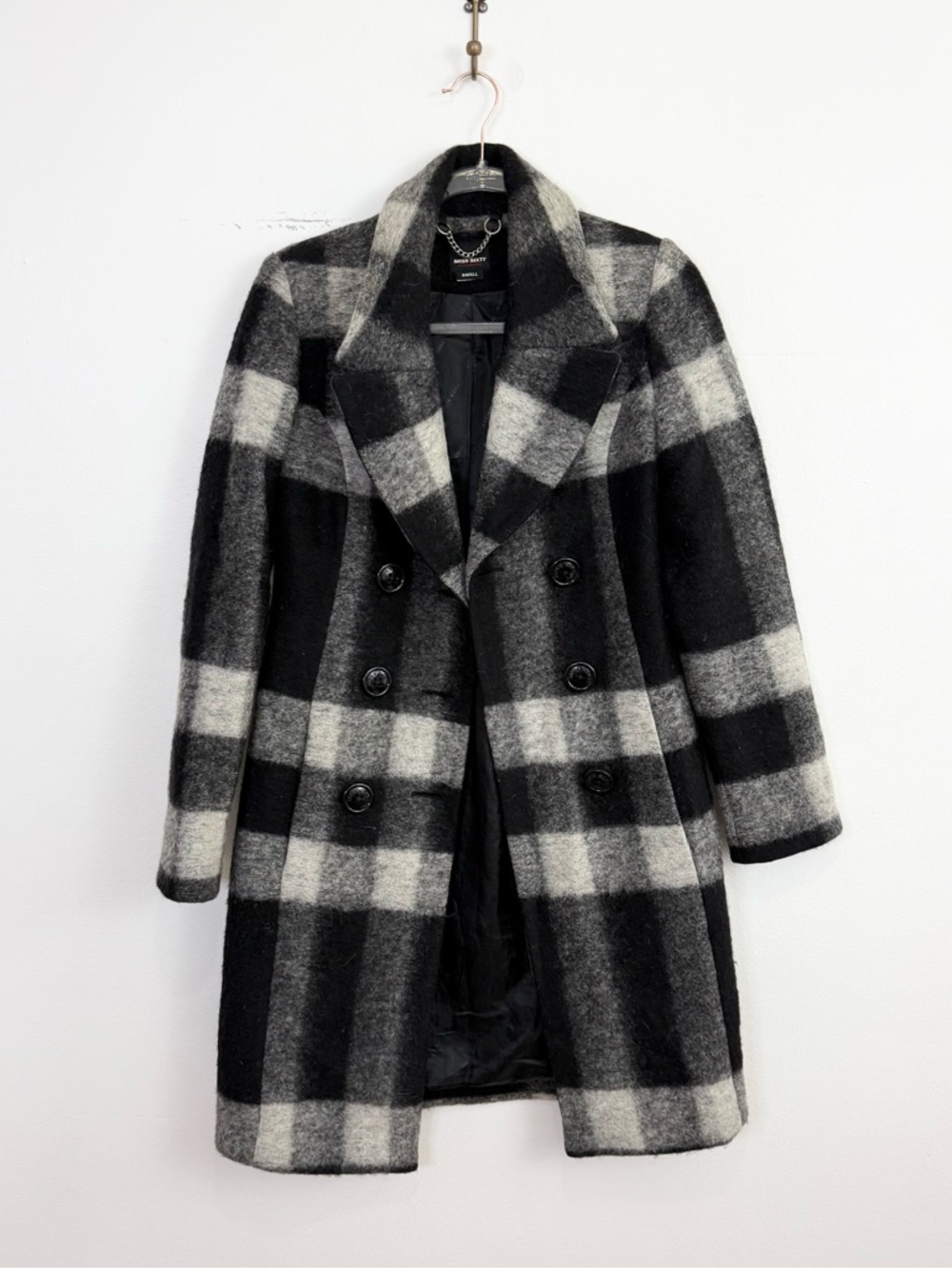 Vintage Y2K Miss Sixty Plaid Coat Small Black White Check Wool Blend Peacoat
